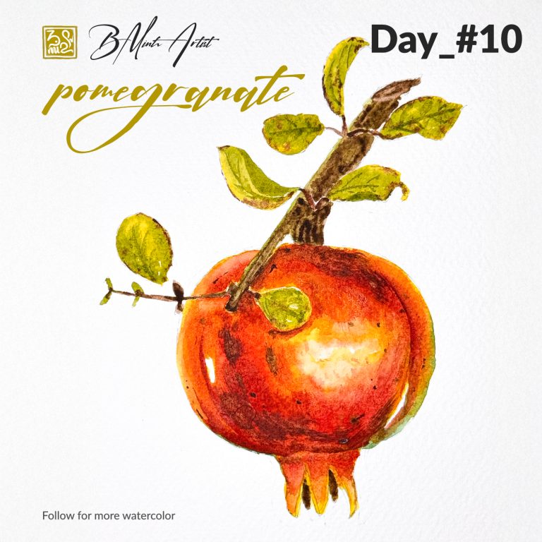 Watercolor painting of a red pomegranate on a branch with green leaves