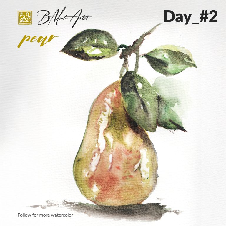 Watercolor painting of a ripe pear with green leaves