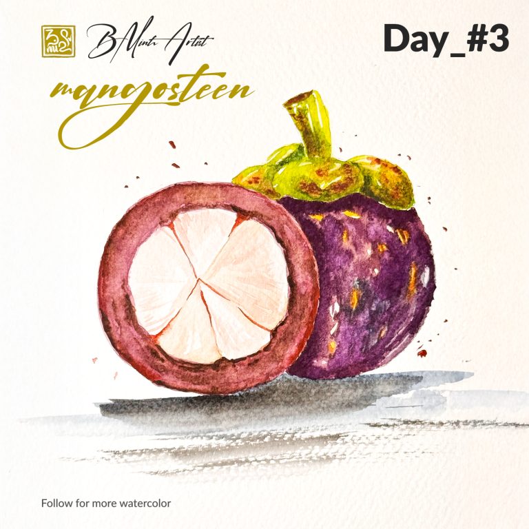 Watercolor painting of a whole and sliced mangosteen showing purple rind and white flesh
