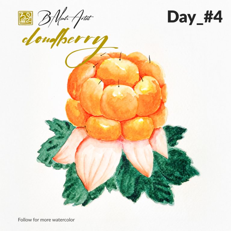 Watercolor painting of a golden-orange cloudberry with green leaves