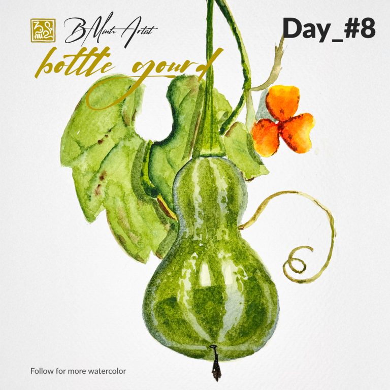 Watercolor painting of a hanging green bottle gourd with leaves and an orange flower