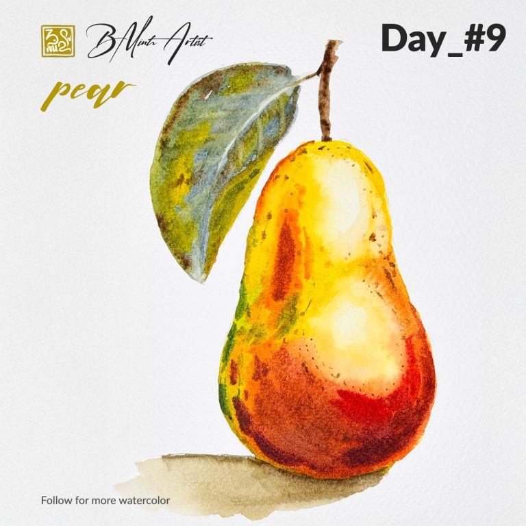 Watercolor painting of a golden and red pear with a single leaf
