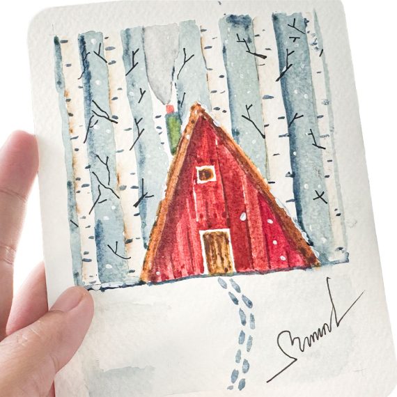 Easy watercolor winter cabin: a red A-frame house in a snowy birch forest on a 4×6 postcard