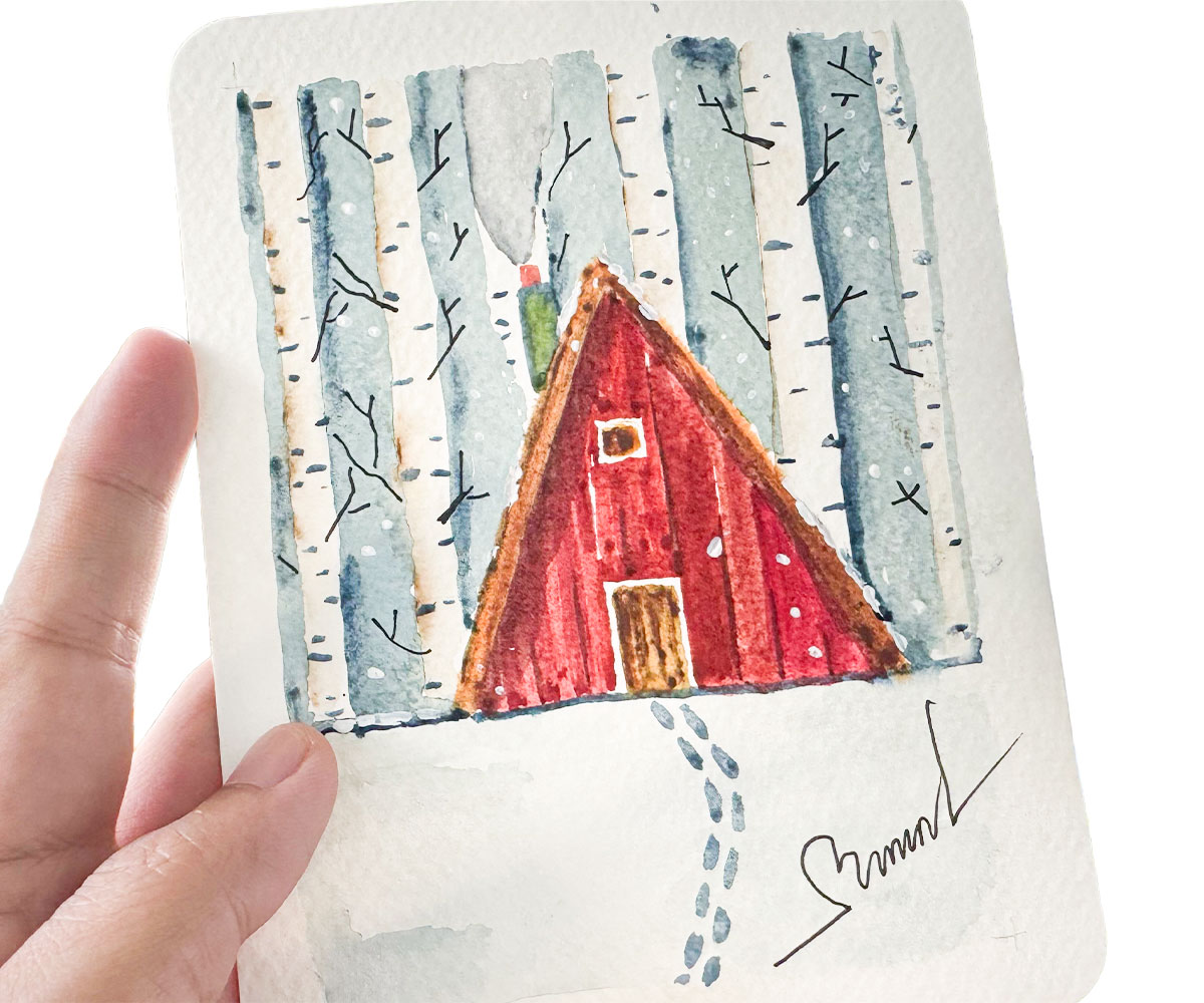 Easy watercolor winter cabin: a red A-frame house in a snowy birch forest on a 4×6 postcard