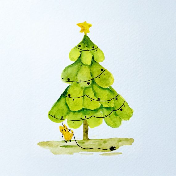 easy watercolor christmas tree postcard with a cute yellow cat and string lights