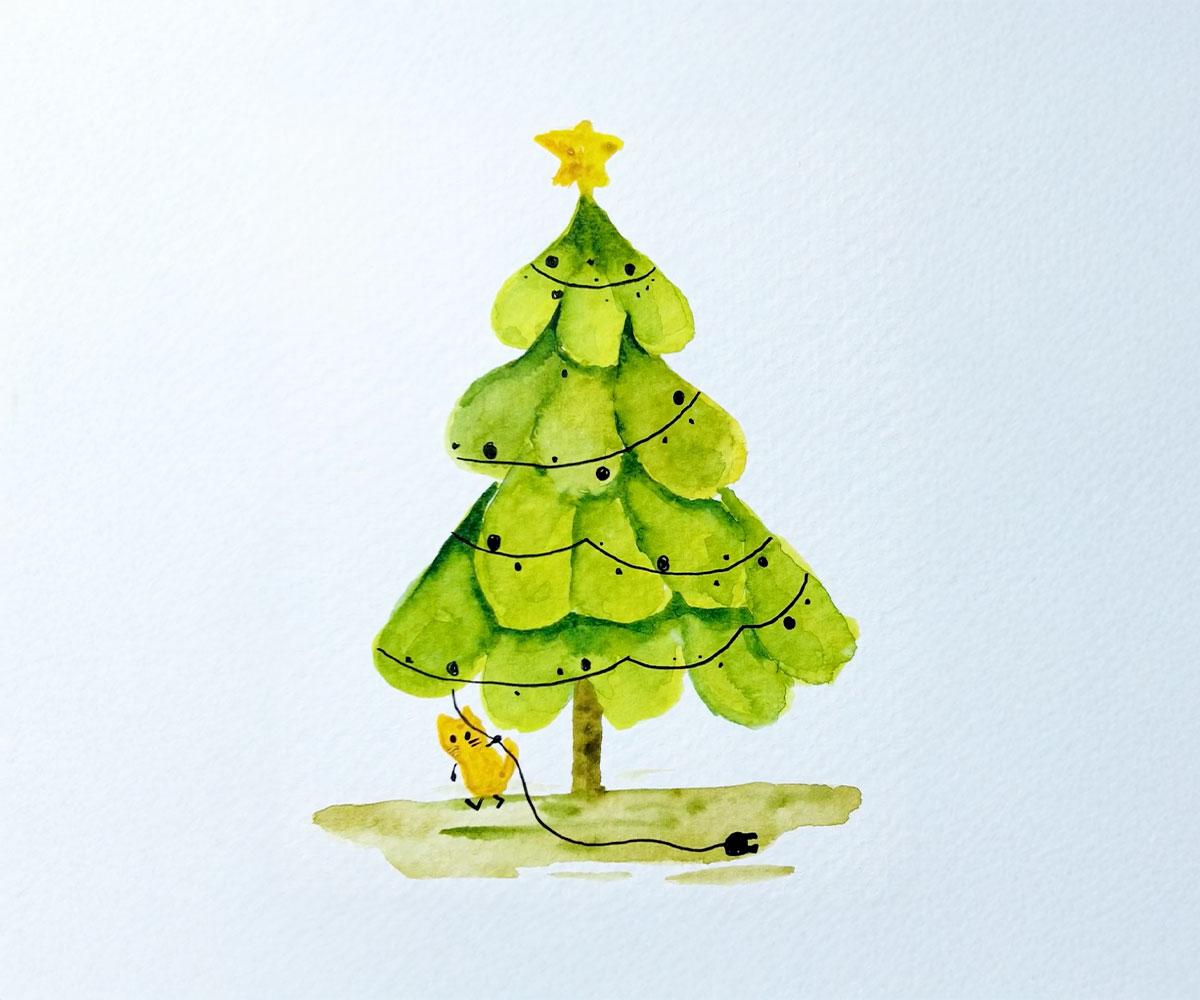 easy watercolor christmas tree postcard with a cute yellow cat and string lights
