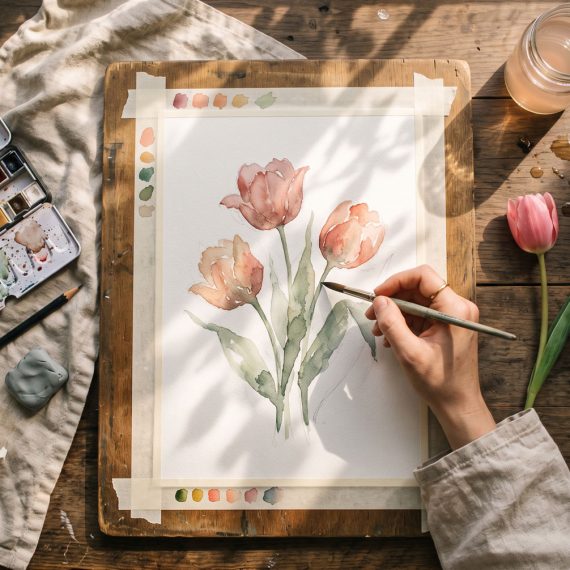 watercolor supplies for beginners: paint set, brushes, paper, pencil, eraser and tape