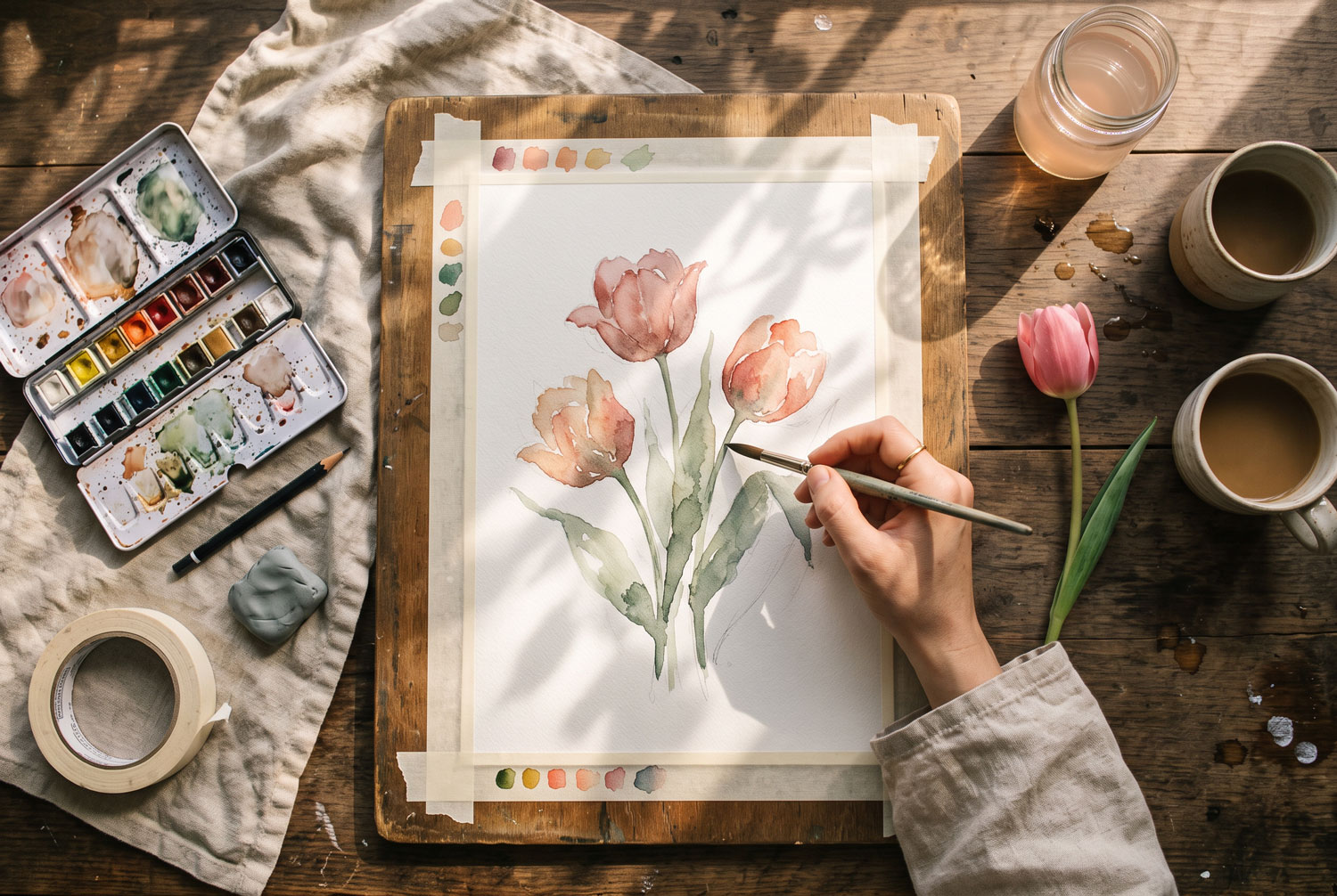 watercolor supplies for beginners: paint set, brushes, paper, pencil, eraser and tape